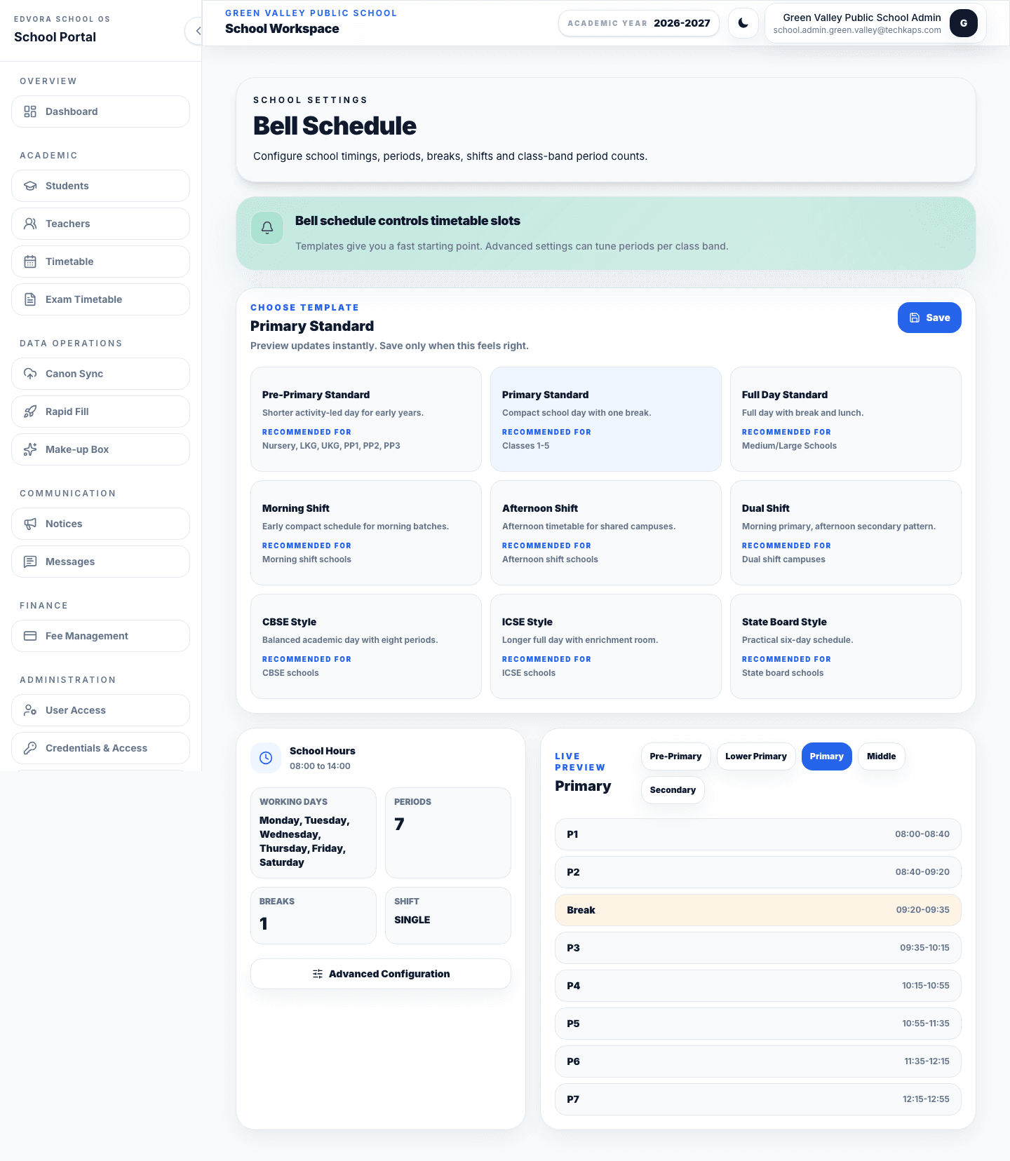 Edvora bell schedule workspace showing school-day templates, periods, breaks, and a live schedule preview